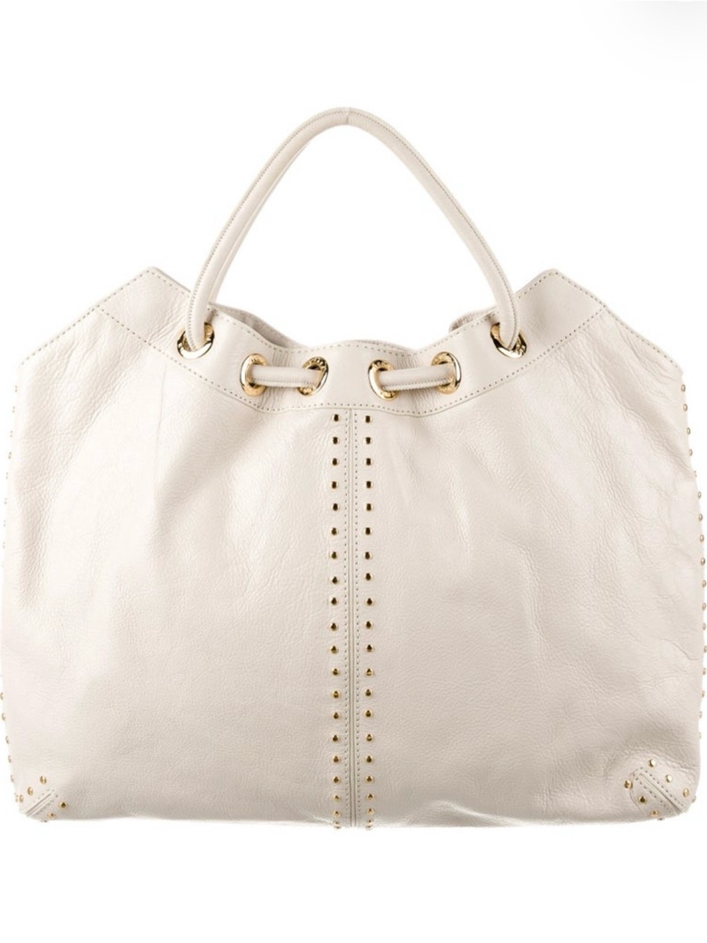 Ivory Leather Tote Bag with Gold Stud Accents, Rounded Handles